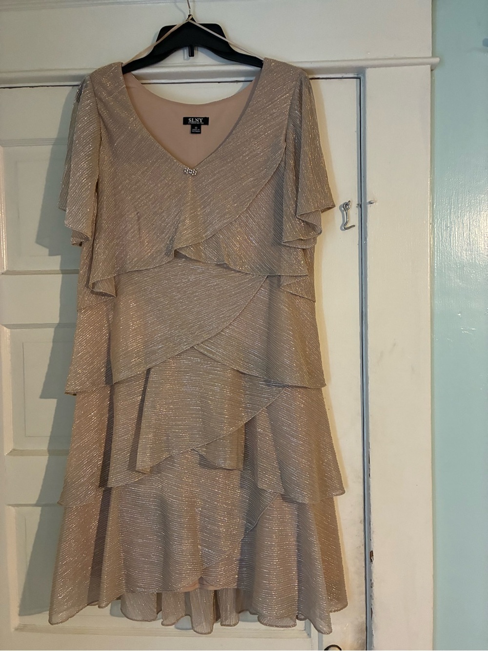 SLNY Champagne-Taupe Layered Ruffle Midi Dress